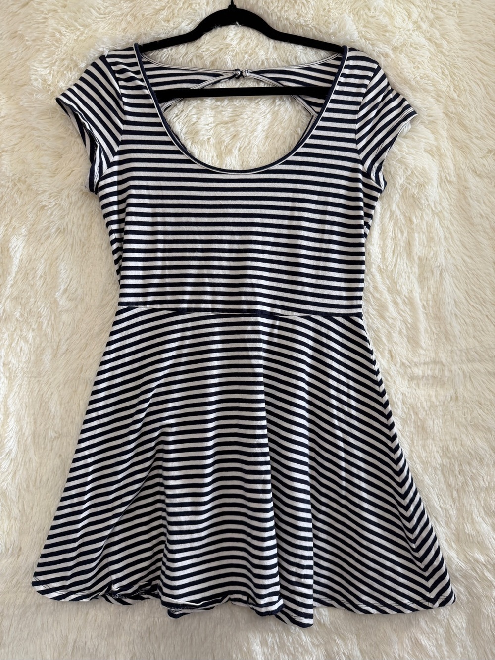 American Eagle Womens Nautical Striped Mini Dress Size L Navy White Cutout Back